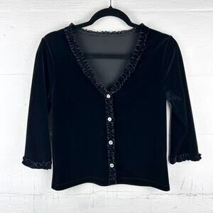 Black Velvet Mini Cropped Cardigan –‎ Ruffled Hem, Petite Medium